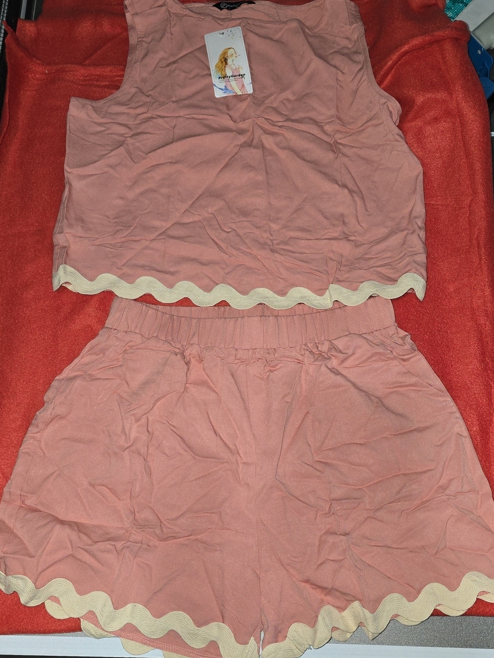 Womens Scallop-Trim Pink Tank & Shorts Set